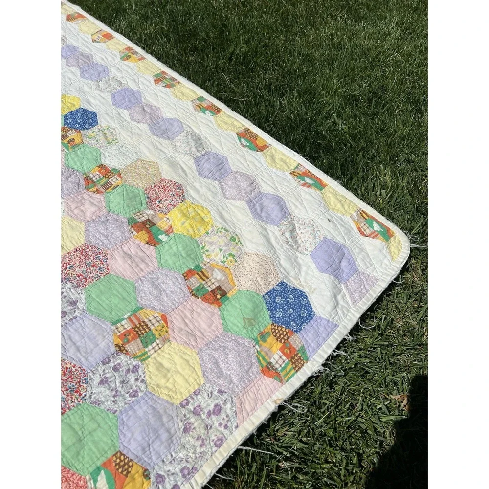 Vintage Hexagon Grandmother's Flower Garden Quilt Hand Made 79